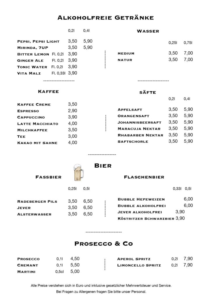Getränkekarte Topi Restaurant