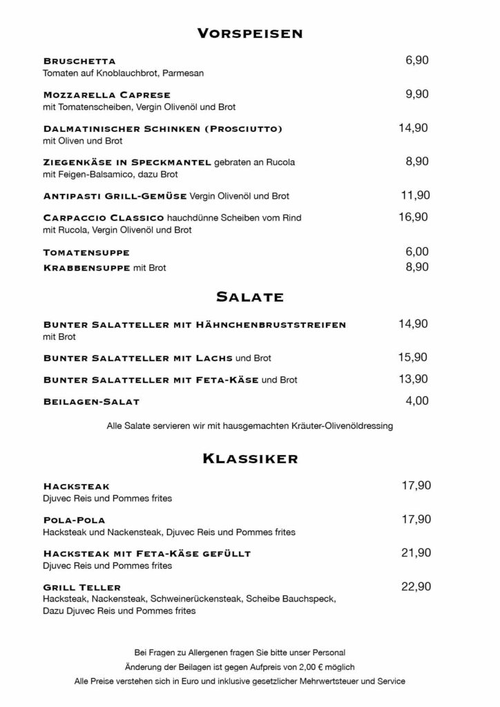 Speisekarte Topi Restaurant